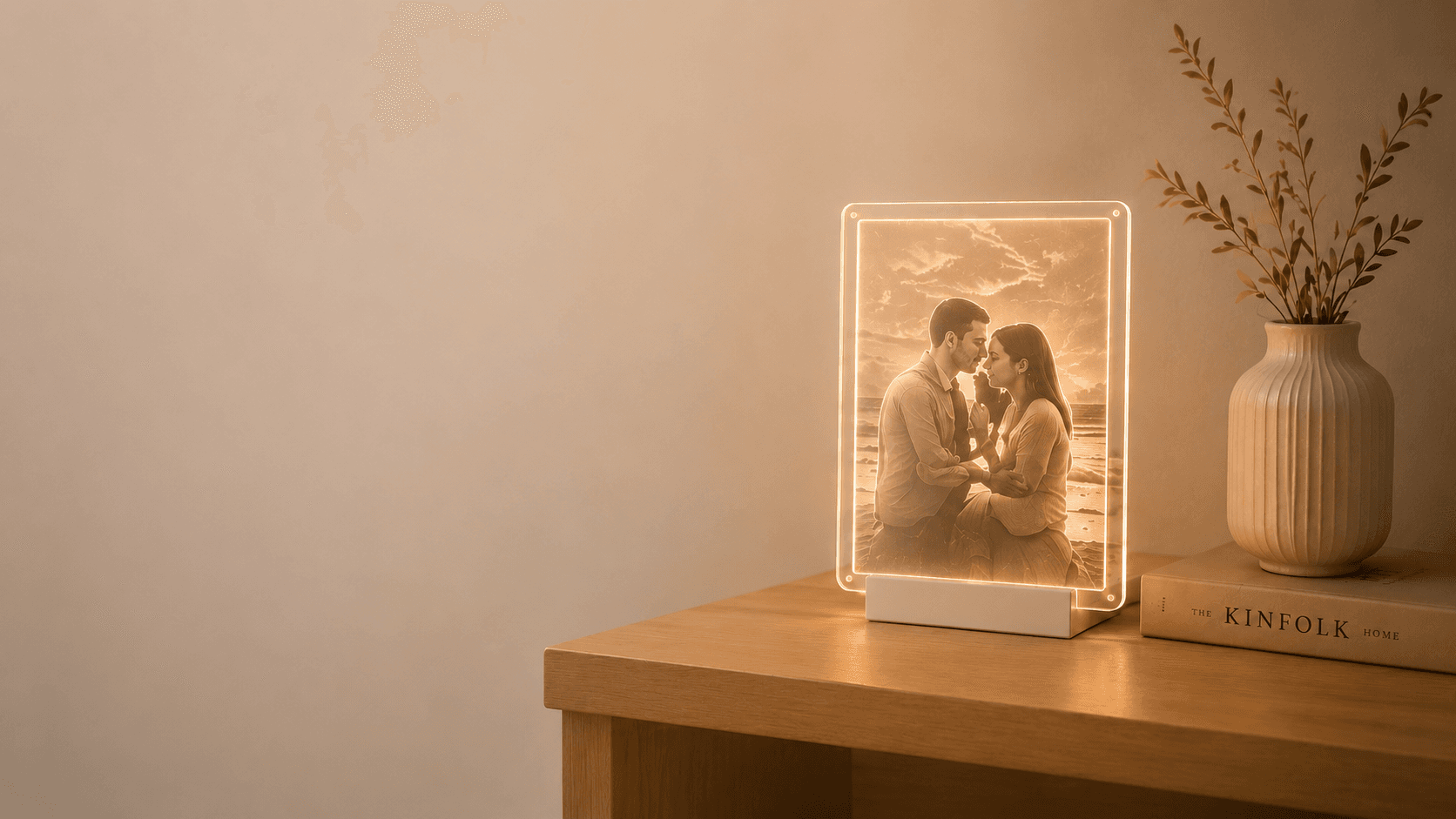 Minimal lithophane lamp on a calm desk with soft decor